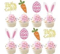 12Pcs Glitter Easter Cake Toppers Cute Carrot Bunny Cupcake Topper Happy Easter Cake Decorations for Spring Theme Festival Party Supplies