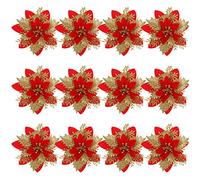 12pcs Glitter Poinsettia Christmas Tree Decorations Artificial Flowers Ornaments Stems Clips Xmas Tree Party Wreath Holiday Decor