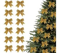 12pcs Glitter Small Christmas Tree Bows, 9cm Glittery Christmas Bow Decorations, Xmas Tree Hanging Ornaments, Easy to Use (Gold)