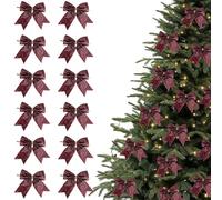 12pcs Glitter Small Christmas Tree Bows, 9cm Glittery Christmas Bow Decorations, Xmas Tree Hanging Ornaments, Easy to Use (Wine)