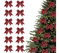 12pcs Glitter Small Christmas Tree Bows, 9cm Glittery Christmas Bow Decorations, Xmas Tree Hanging Ornaments, Easy to Use (Red)