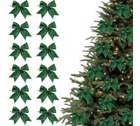 12pcs Glitter Small Christmas Tree Bows, 9cm Glittery Christmas Bow Decorations, Xmas Tree Hanging Ornaments, Easy to Use (Green)