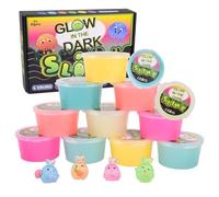 12Pcs Glow in The Dark Slime Kit with 4 Glowing Rabbits 6 Neon Colors Slime, Blue Red Pink and White Slimes, Non-sticky and Smooth, Perfect Kids Party Bag Fillers, Birtday Gifts, Easter Basket Stuffer