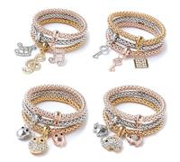12PCS Gold/Silver/Rose Gold Corn Chain Bracelet Crystal Multilayer Butterfly Heart circle Life tree locket Charming Stretch Bracelet for Women SZ06, CM, Crystal, no gemstone