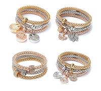 12PCS Gold/Silver/Rose Gold Corn Chain Bracelet Crystal Multilayer Butterfly Heart circle Life tree locket Charming Stretch Bracelet for Women SZ06, CM, Rose Gold Crystal Silver Copper Rhinestone, no