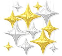 12PCS Gold Silver Star Balloons, 26/18/10 Inch Four Point Foil Balloons | Metallic Gold Silver Four Point Foil Stars for Birthday Baby Shower Graduation Wedding Anniversary New Year Party Decorations