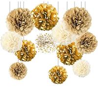 12pcs Gold WhiteTissue Paper Pompoms,Hanging Gold Cream Paper Pom Poms for Engagement,Wedding,Birthday Party Deco