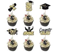 12pcs Graduation Cupcake Toppers, Class of 2025 Graduation Decorations Cake Toppers Glitter Gold Black Congrats Grad Bachelors Hat Party Food Fruit Cocktail Picks Prom Decorations Supplies