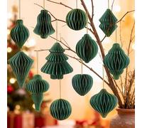 12Pcs Green Paper Christmas Party Decorations, 3D Honeycomb Paper Hanging Ornaments with Glitter, Reusable Finial Honeycomb Lantern Ornaments for Christmas Tree Winter Wonderland Party