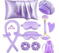 12pcs Hair Styling Tools Set for Sleeping, Heatless Curls Overnight Hair Curlers with Satin Pillowcase for Hair and Skin Queen Set, Sleeping Bonnet Eye Mask and Face Massager(Purple)