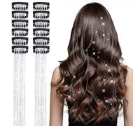 12Pcs Hair Tinsel Extensions, 20-Inch Heat Resistant Glitter Strands for Women and Kids, Sparkling Fairy Hair Accessories for Parties - Silver
