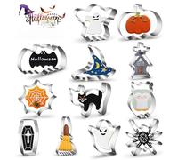 12Pcs Halloween Cookie Cutter, Pumpkin, Splder Web, Cat, Tombstone, Bat, Magichat, Ghost, Broom,Ghost, Owl, Splder, House, for Pastry Baking Fondant Kids Clay,Halloween Decoration