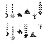 12Pcs Halloween Decorations Hanging Swirls,Glitter Black Bats Ghost Spider Web Witch Moon Star Hanging Spiral Streamers Ceiling Decorations for Home Indoor Outdoor Halloween Party Supplies