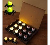 12PCS Halloween LED Pumpkin Lamp with Creepy Spider, Flash Spiders Light Centerpiece with Eyeball and Skull, Flameless Candles Spider Tealights for Party Decorations