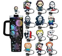 12PCS Halloween Straw Cover Cap for Stanley Cup, Silicone Horror Movie Skull Straw Topper Compatible with 30&40oz Tumbler with Handle