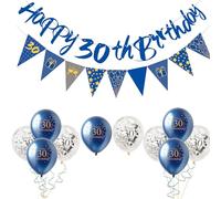 12Pcs Happy 30th Birthday Decorations Set for Him - Navy Blue & Gold Balloons, Number 30 Banner, Triangle Flag for Men's Birthday Party