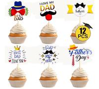 12Pcs Happy Father's Day Cupcake Toppers, Best Dad I Love You Fathers Day Decorations Cake Topper for Birthday Party Cake Supplies