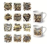 12pcs Happy New Year 2025 UV DTF Cup Wraps Winter UV DTF Transfer Waterproof Sticker for Glass Cups Furniture Craft DIY Crafts，Rub on Transfer Stickers for DIY Water Bottle Laptop Decal Wood Car