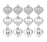 12Pcs Heart Valentine Tree Ornaments, Heart Ornaments, Multi Finish Baubles Hanging Ornament for Valentine’s Day Decor Mother's Day Wedding Anniversary Party Decoration (Silver)