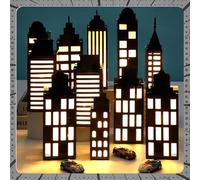 12Pcs Hero Party Favor Boxes Skyscraper City 3D Box with Lights Skyline Buildings Treat Boxes Super Themed Hero Party Centerpiece Decorations for Boys Girls Birthday Heroes Parties Supplies (Warm)