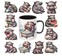 12pcs Hippo-Themed UV DTF Cup Wraps Winter UV DTF Transfer Waterproof Sticker for Glass Cups Furniture Craft DIY Crafts，Rub on Transfer Stickers for DIY Water Bottle Laptop Decal Wood Car