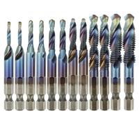 12Pcs HSS 1/4" Hex Shank Titanium Coated Screw Thread Metric Tap Drill Bits Set M5 M6 M8 M10 Combination Bit Hand Tools