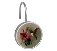 12pcs Hummingbird and Flower Decorative (1) Shower Curtain Hooks, Shower Curtain Hanger Rings Roller, Stainless Steel Round Shower Rings Hangers for Bathroom