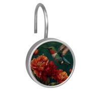 12PCS Hummingbird and Flowers (1) Shower Curtain Hooks Metal Rust Resistant Decorative Shower Curtain Hooks Bathroom Decorations