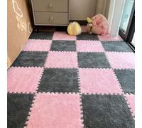 12Pcs Interlocking Carpet Tiles - Plush Foam Puzzle Floor Mats (Pink+grey)