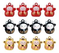 12pcs Japanese Maneki Neko Good Lucky Bell Beckoning Cat Fortune Jingle Bells Jewelry Pendants Charms for Diy Craft Wind Chimes Keychains Making Red Black Gloden