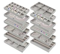 12pcs Jewellery Organiser Tray for Drawers, Velvet Removable Dividers Jewelry Drawers Organizer Trays, Jewelry Storage Display Trays for Necklace Earring Ring Bracelet, 6 Style Grey (Multi -grid)