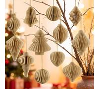 12Pcs Kahki Paper Christmas Party Decorations, 3D Honeycomb Paper Hanging Ornaments with Glitter, Vintage Finial Retro Honeycomb Lantern Ornaments for Christmas Tree Winter Wonderland Party