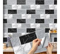 12pcs Kitchen and Bathroom Tile Stickers, Stick on Tiles Waterproof Vinyl Self Adhesive Wall Tile Peel and Stick Tiles Decals for Living Room - 30x15cm (Whtie and Black)
