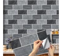 12pcs Kitchen and Bathroom Tile Stickers, Stick on Tiles Waterproof Vinyl Self Adhesive Wall Tile Peel and Stick Tiles Decals for Living Room - 30x15cm (Grey and Black)
