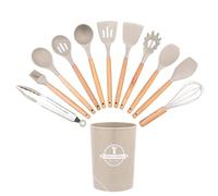 12Pcs Kitchen Utensil Set, Silicone Cooking Utensils with Natural Wooden Holder, Heat-Resistant Cookware Tongs Spatula Spoon Set, Dishwasher Safe