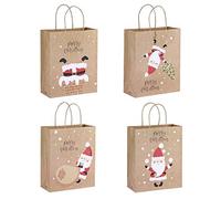 12PCS Kraft Gift Bags for Christmas Medium Carrier Bags Large Brown Paper Party Present Bags with Handle and 4 Different Pattern Reusable Shopping Bag Treat Bags Tote Bag for Birthday New Year