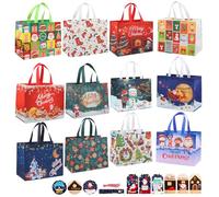 12Pcs Large Christmas Bags, Reusable Tote Bags with Handles Christmas Treat Shopping Bags, Xmas Party Favor Bags Decorations for Presents with Tags