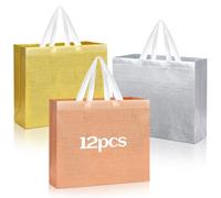 12PCS Large Gift Bag with Handle, SHAIDOJIO Glossy Tote Bag-40 * 12 * 30cm, Stylish Shiny Goodie Bags, Non-Woven Grocery Bags for Wedding Birthday Bridal Shower Party(Gold, Rose Gold, Silver)
