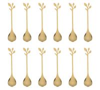 12pcs Leaf Shaped Stainless Steel Coffee Stirring Spoon Long Handle | 12.2x2.4x0.8cm Reusable Utensil, Golden Smooth Finish, for Iced Beverages, Tea, Sugar, Sauces and Tall Glasses