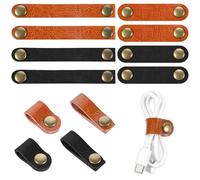 12Pcs Leather Cord Organizer Travel Cord Organizer Cable Straps 2-Sizes Portable PU Leather Reusable Earphone Cables Ties Snap On Cords Holders for Travel Women Men(Black Light Brown)