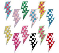 12pcs Lightning Bolt Iron On Patches Embroidered Checkered Racing Design for Hats Jackets Jeans Bags DIY Decoration