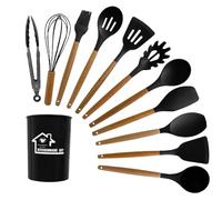 12Pcs Long Wood Handle Silicone Spatula Spoon Set Heat Resistance Silicone Cooking Utensils Non-Stick Pan Kitchen Gadget