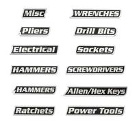 12Pcs Magnetic Labels, Acrylic Tool Box Stickers with 3D Raised Text & Strong Magnet, Box Labels for Toolboxes Carts Drawers Cabinets Workshop Garage Organization DIY Mechanic Home Use (Black)