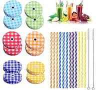 12pcs Mason Jar Lids,Regular mouth canning lids,Metall Regular Mouth Mason Canning Lids with Straw Hole/Metall Straws,Decorative Mason Jars Caps (C)