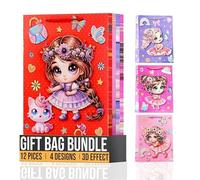 12Pcs Medium Gift Bag for Present, 4 Different Assorted 3D Gold Dust Gift Bag 26x32x10 CM for Kids & Adults, Ideal for Presents, Parties, Birthdays, Weddings & Baby Shower (Disney Girls Bag 2)