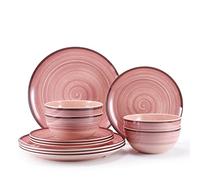 12Pcs Melamine Dinnerware Set, Plates And Bowls Sets for 4, Pink Color Dinnerware Sets, Melamine Plates Bowls Indoor and Outdoor Use Dish Set Dishwasher Safe BPA Free(Pink)