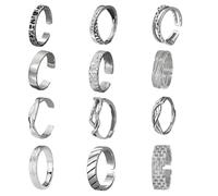 12Pcs Mens Rings Silver Set, Adjustable Rings for Men Silver Rings Men