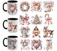 12pcs Merry Christmas Bow Deer Bear Snowaman UV DTF Cup Wraps Transfer Waterproof Sticker for Glass Cups Furniture Craft DIY Crafts，Rub on Transfer Stickers for DIY Water Bottle Laptop Decal Wood Car