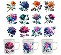 12pcs Merry Christmas Colorful Rose Flower Leaf UV DTF Cup Wraps Transfer Sticker for Glass Cups Furniture Craft DIY Crafts，Rub on Transfer Stickers for DIY Water Bottle Laptop Decal Wood Car