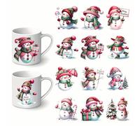 12pcs Merry Christmas Tree Pink Snowman Tree UV DTF Cup Wraps Transfer Waterproof Sticker for Glass Cups Furniture Craft DIY Crafts，Rub on Transfer Stickers for DIY Water Bottle Laptop Decal Wood Car